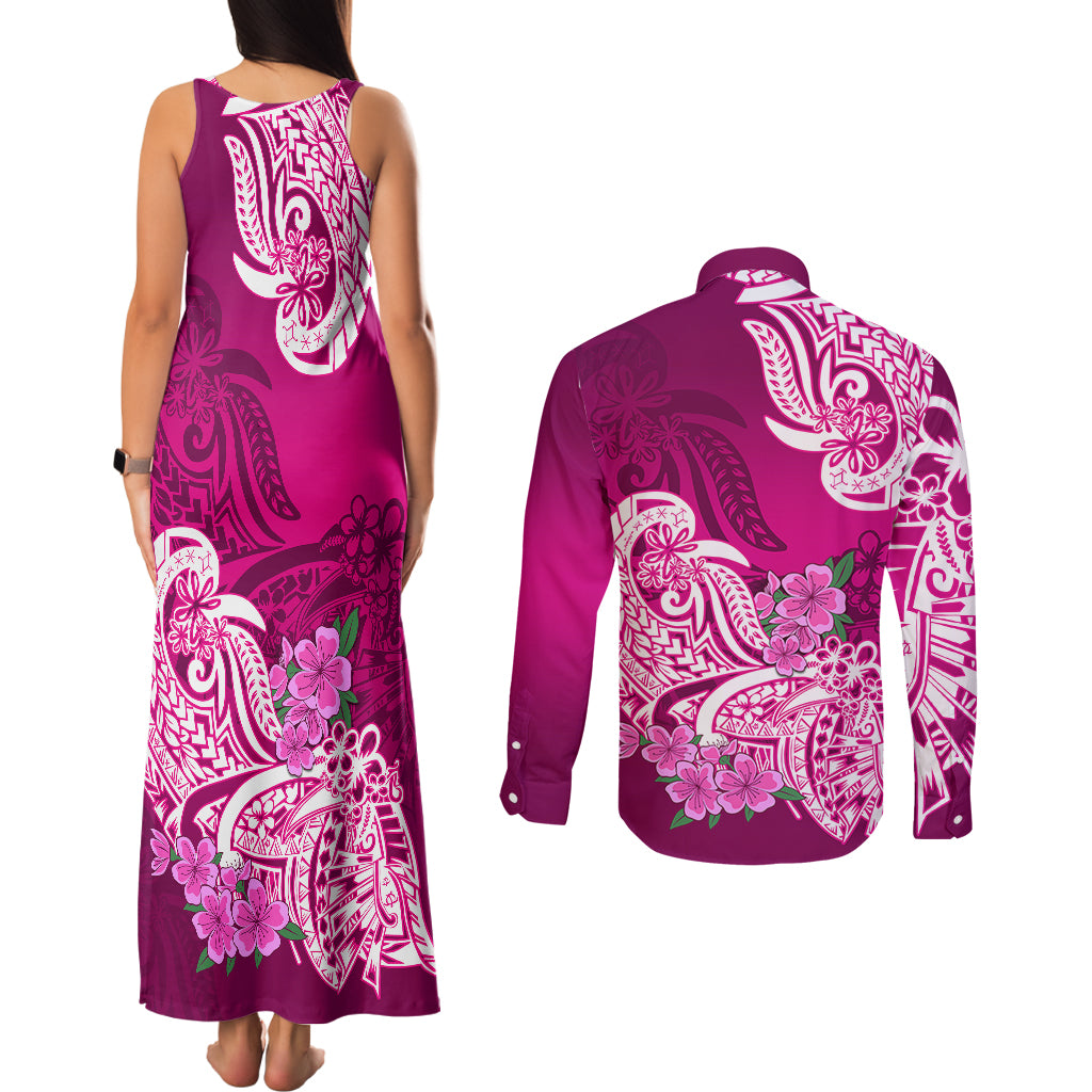 Polynesian Couples Matching Tank Maxi Dress and Long Sleeve Button Shirts Pacific Flower Mix Floral Tribal Tattoo Pink Vibe LT9 - Polynesian Pride