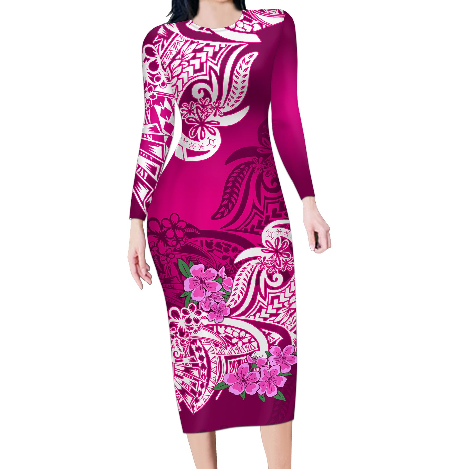 Polynesian Long Sleeve Bodycon Dress Pacific Flower Mix Floral Tribal Tattoo Pink Vibe LT9 Long Dress Pink - Polynesian Pride