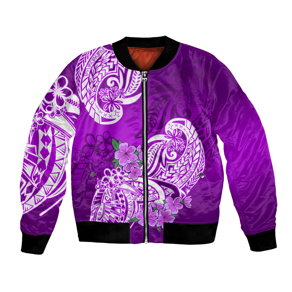 Polynesian Bomber Jacket Pacific Flower Mix Floral Tribal Tattoo Purple Vibe LT9 Unisex Purple - Polynesian Pride