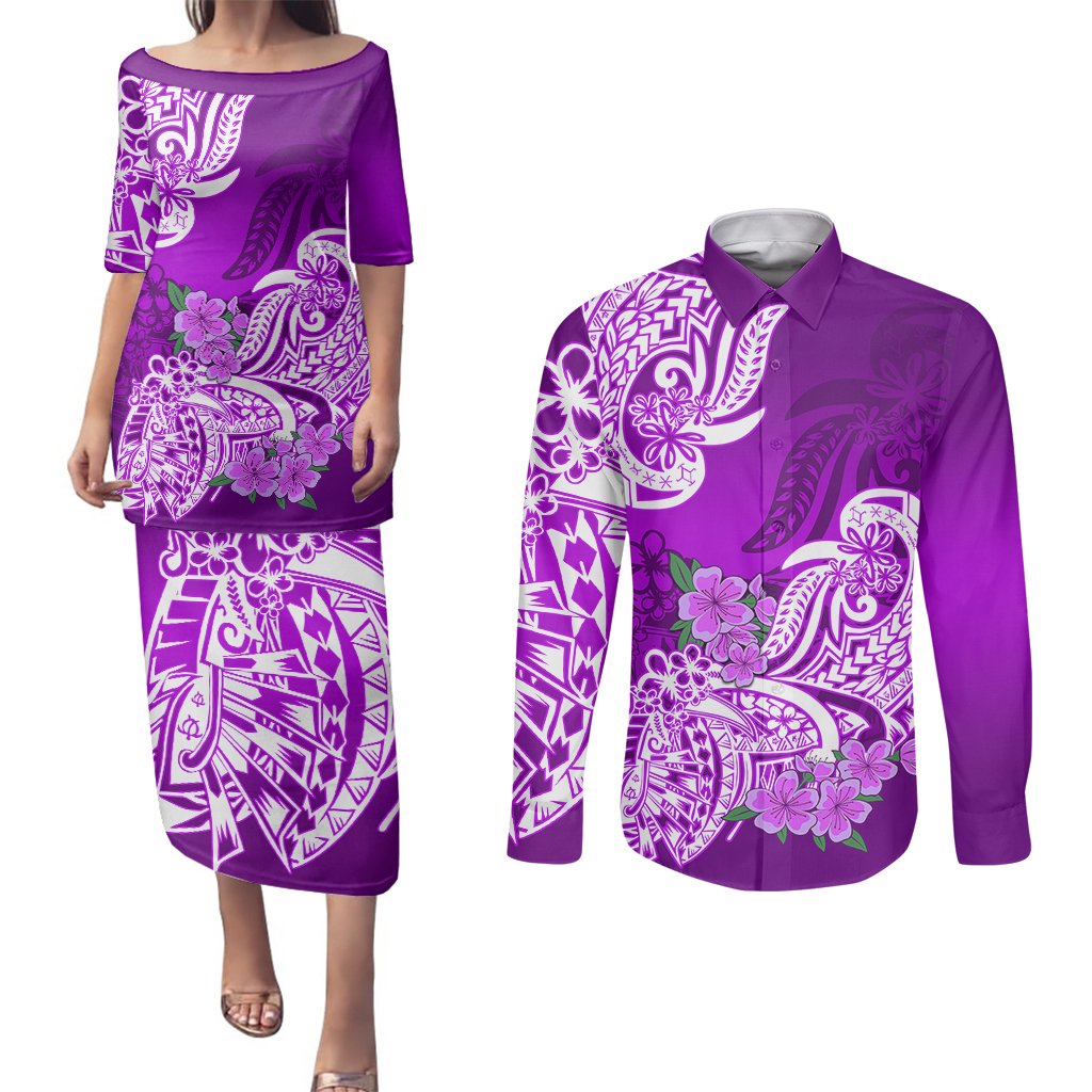 Polynesian Couples Matching Puletasi Dress and Long Sleeve Button Shirts Pacific Flower Mix Floral Tribal Tattoo Purple Vibe LT9 Purple - Polynesian Pride