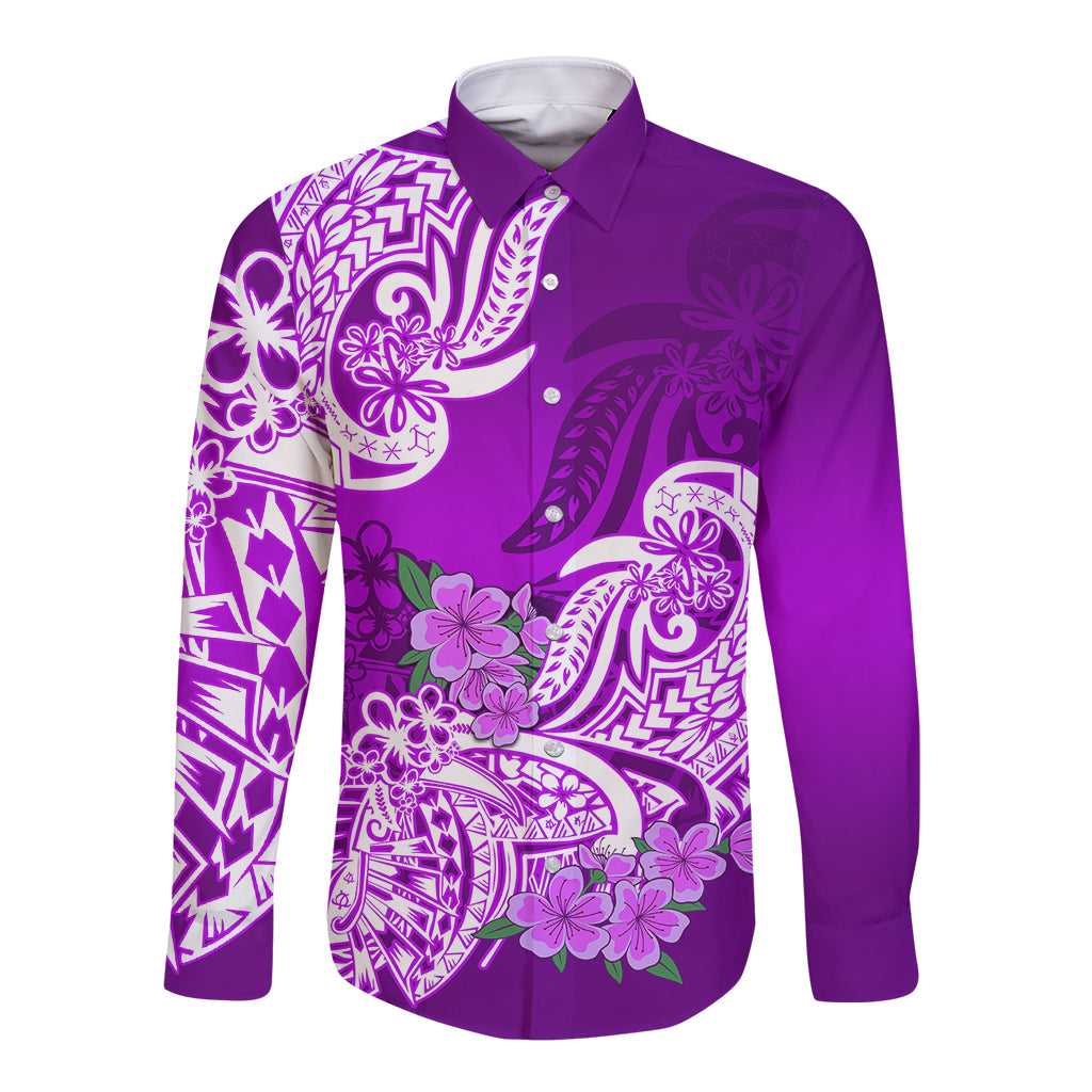 Polynesian Long Sleeve Button Shirt Pacific Flower Mix Floral Tribal Tattoo Purple Vibe LT9 Unisex Purple - Polynesian Pride