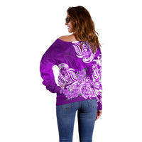 Polynesian Off Shoulder Sweater Pacific Flower Mix Floral Tribal Tattoo Purple Vibe LT9 - Polynesian Pride