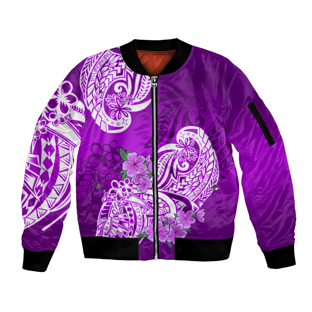 Polynesian Sleeve Zip Bomber Jacket Pacific Flower Mix Floral Tribal Tattoo Purple Vibe LT9 Unisex Purple - Polynesian Pride