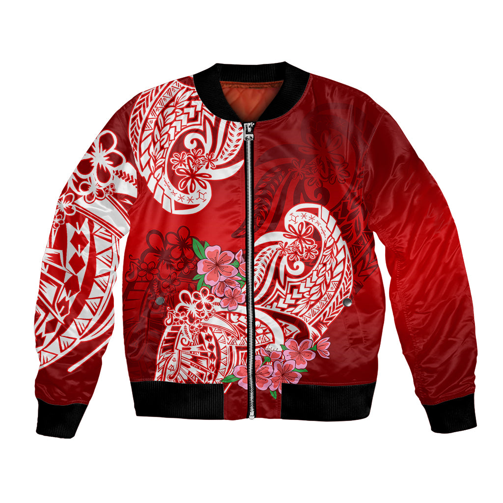 Polynesian Bomber Jacket Pacific Flower Mix Floral Tribal Tattoo Red Vibe LT9 Unisex Red - Polynesian Pride