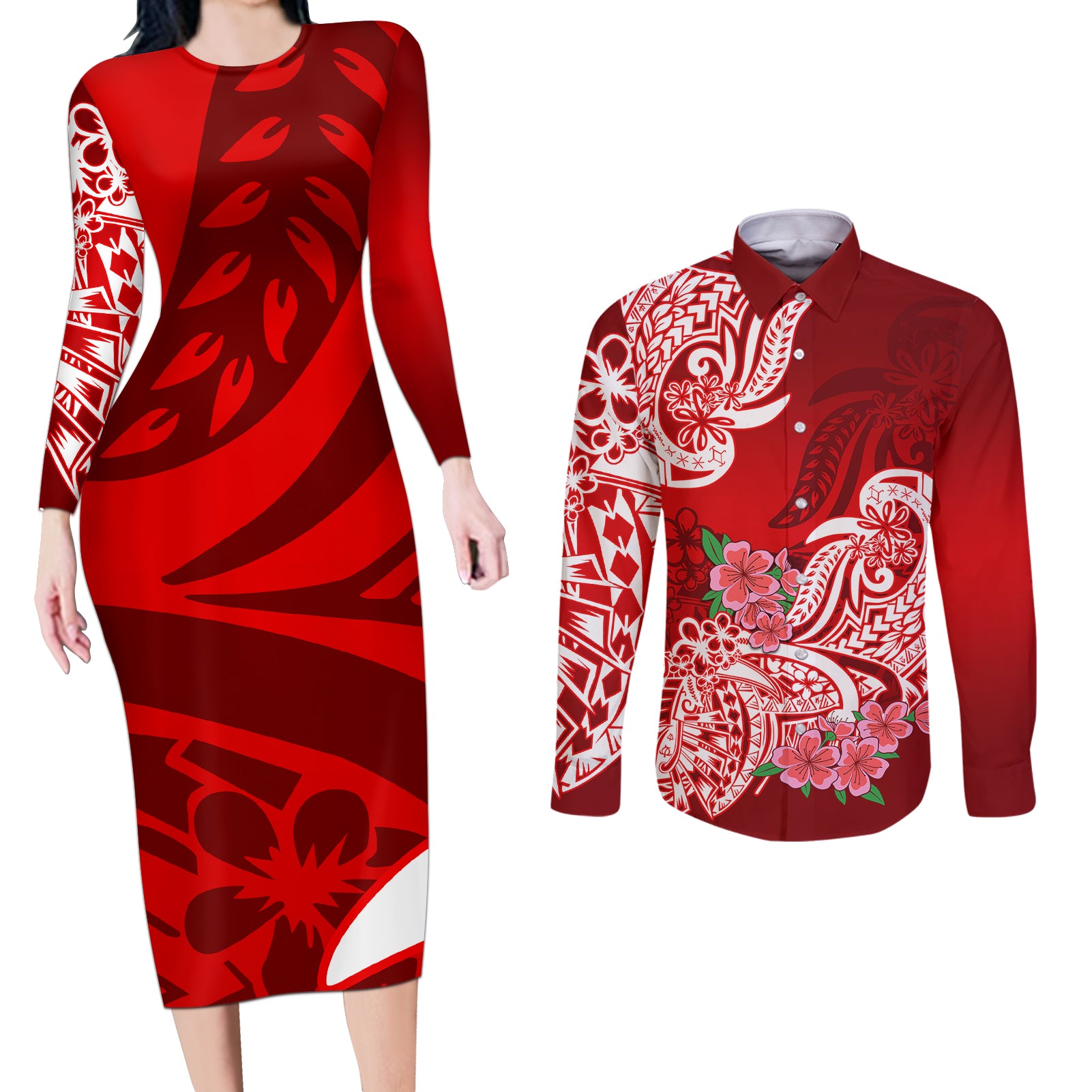 Polynesian Couples Matching Long Sleeve Bodycon Dress and Long Sleeve Button Shirts Pacific Flower Mix Floral Tribal Tattoo Red Vibe LT9 Red - Polynesian Pride