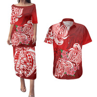 Polynesian Couples Matching Puletasi Dress and Hawaiian Shirt Pacific Flower Mix Floral Tribal Tattoo Red Vibe LT9 Red - Polynesian Pride
