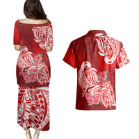 Polynesian Couples Matching Puletasi Dress and Hawaiian Shirt Pacific Flower Mix Floral Tribal Tattoo Red Vibe LT9 - Polynesian Pride