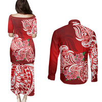 Polynesian Couples Matching Puletasi Dress and Long Sleeve Button Shirts Pacific Flower Mix Floral Tribal Tattoo Red Vibe LT9 - Polynesian Pride