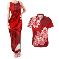 Polynesian Couples Matching Tank Maxi Dress And Hawaiian Shirt Pacific Flower Mix Floral Tribal Tattoo Red Vibe LT9 Red - Polynesian Pride