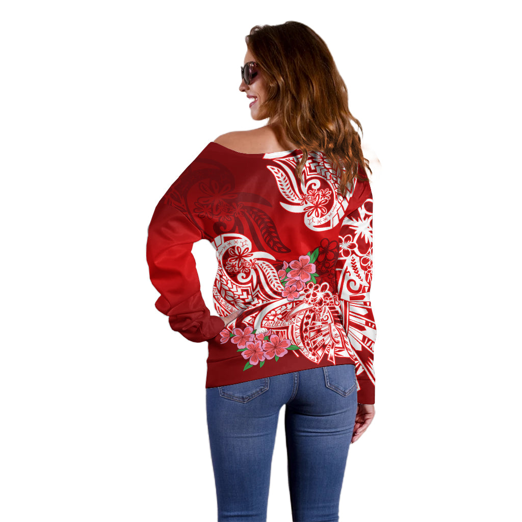 Polynesian Off Shoulder Sweater Pacific Flower Mix Floral Tribal Tattoo Red Vibe LT9 - Polynesian Pride