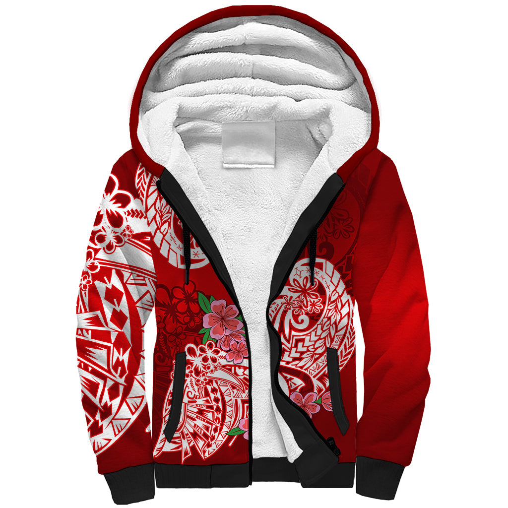 Polynesian Sherpa Hoodie Pacific Flower Mix Floral Tribal Tattoo Red Vibe LT9 Unisex Red - Polynesian Pride