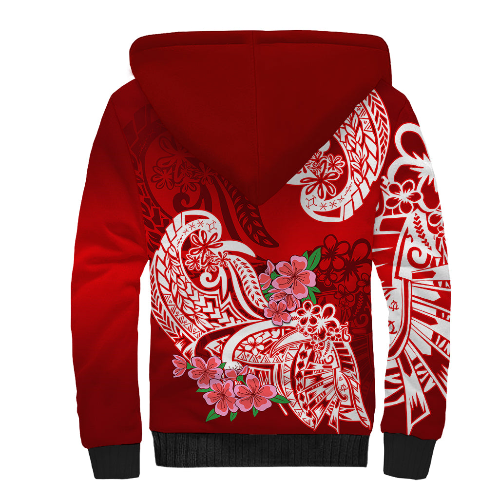 Polynesian Sherpa Hoodie Pacific Flower Mix Floral Tribal Tattoo Red Vibe LT9 - Polynesian Pride