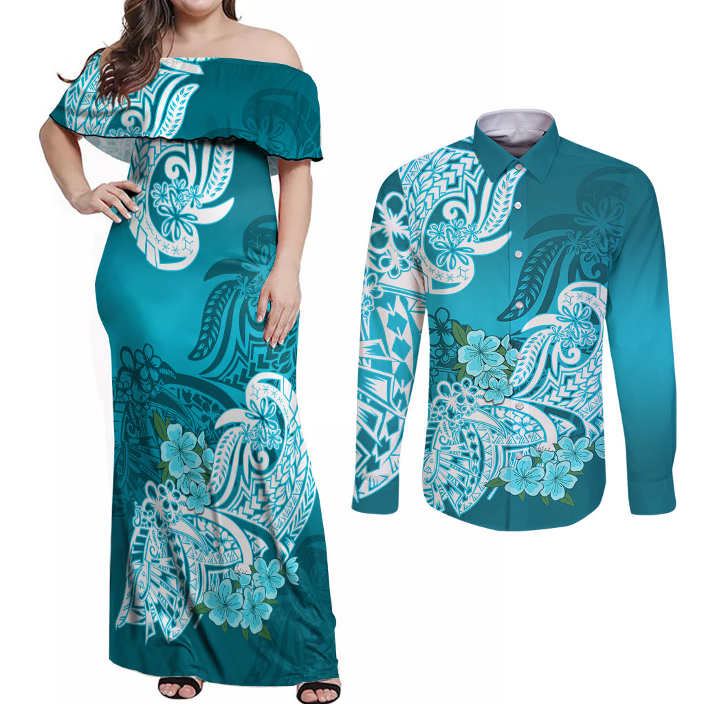 Polynesian Couples Matching Off Shoulder Maxi Dress and Long Sleeve Button Shirts Pacific Flower Mix Floral Tribal Tattoo Aqua Vibe LT9 Aqua - Polynesian Pride
