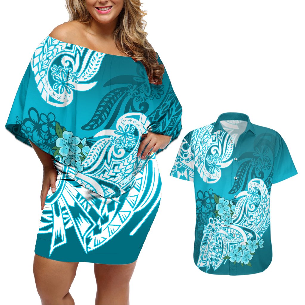 Polynesian Couples Matching Off Shoulder Short Dress and Hawaiian Shirt Pacific Flower Mix Floral Tribal Tattoo Aqua Vibe LT9 Aqua - Polynesian Pride