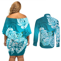 Polynesian Couples Matching Off Shoulder Short Dress and Long Sleeve Button Shirts Pacific Flower Mix Floral Tribal Tattoo Aqua Vibe LT9 - Polynesian Pride