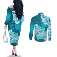 Polynesian Couples Matching Off The Shoulder Long Sleeve Dress and Long Sleeve Button Shirts Pacific Flower Mix Floral Tribal Tattoo Aqua Vibe LT9 - Polynesian Pride