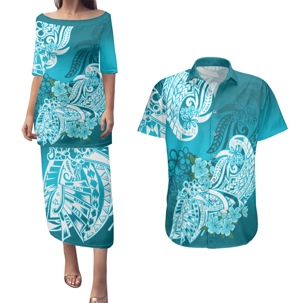 Polynesian Couples Matching Puletasi Dress and Hawaiian Shirt Pacific Flower Mix Floral Tribal Tattoo Aqua Vibe LT9 Aqua - Polynesian Pride