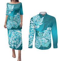 Polynesian Couples Matching Puletasi Dress and Long Sleeve Button Shirts Pacific Flower Mix Floral Tribal Tattoo Aqua Vibe LT9 Aqua - Polynesian Pride
