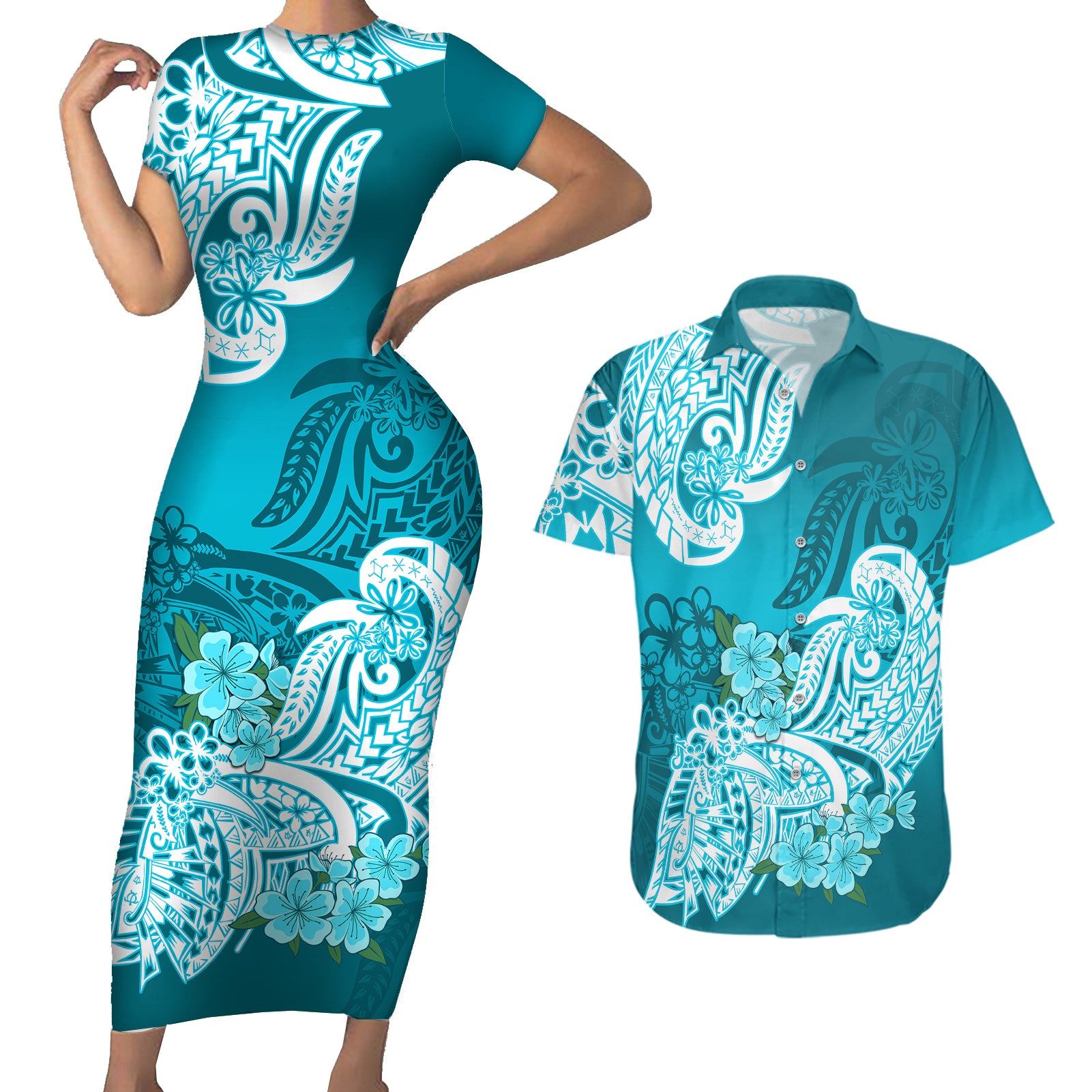 Polynesian Couples Matching Short Sleeve Bodycon Dress and Hawaiian Shirt Pacific Flower Mix Floral Tribal Tattoo Aqua Vibe LT9 Aqua - Polynesian Pride