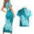 Polynesian Couples Matching Short Sleeve Bodycon Dress and Hawaiian Shirt Pacific Flower Mix Floral Tribal Tattoo Aqua Vibe LT9 - Polynesian Pride