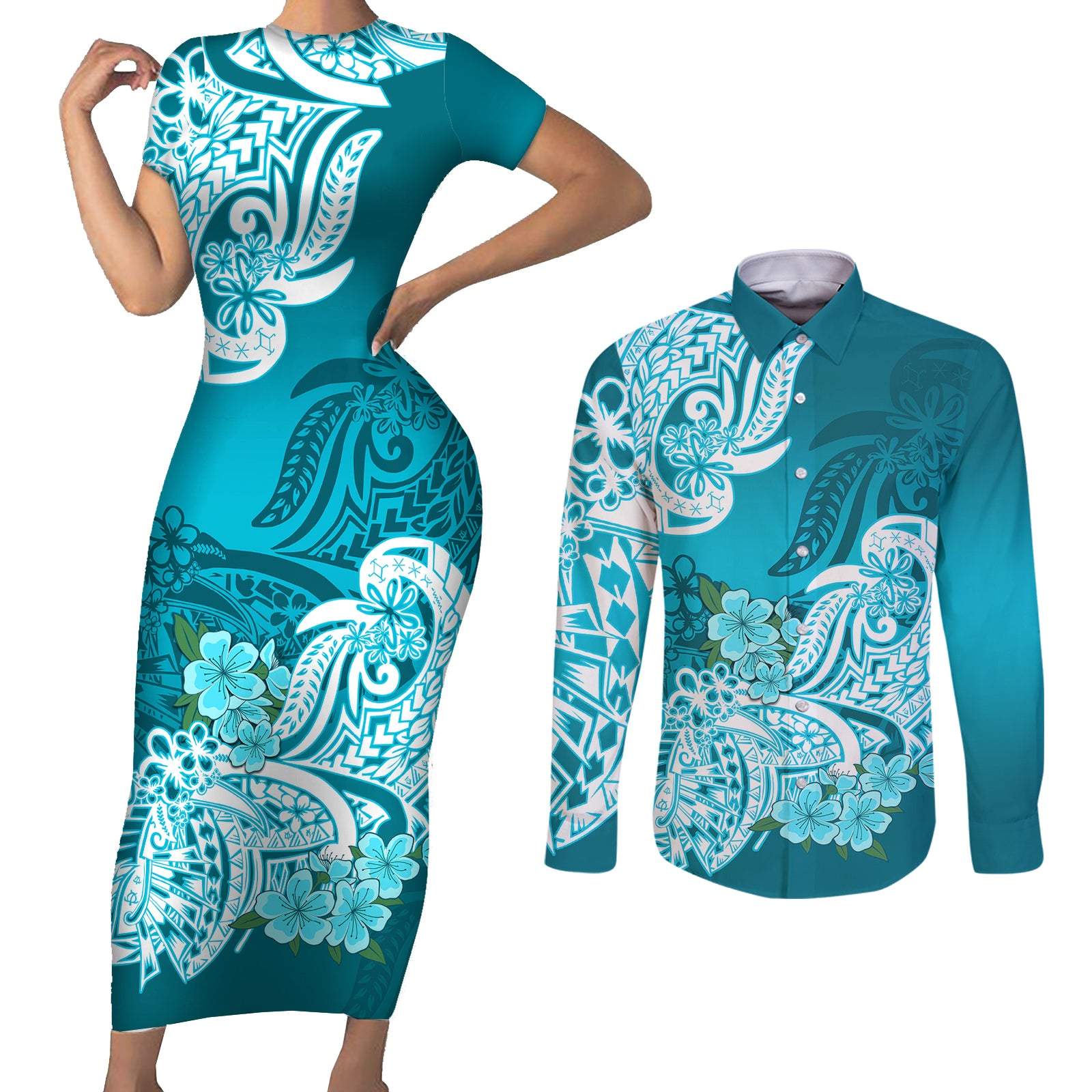 Polynesian Couples Matching Short Sleeve Bodycon Dress and Long Sleeve Button Shirts Pacific Flower Mix Floral Tribal Tattoo Aqua Vibe LT9 Aqua - Polynesian Pride