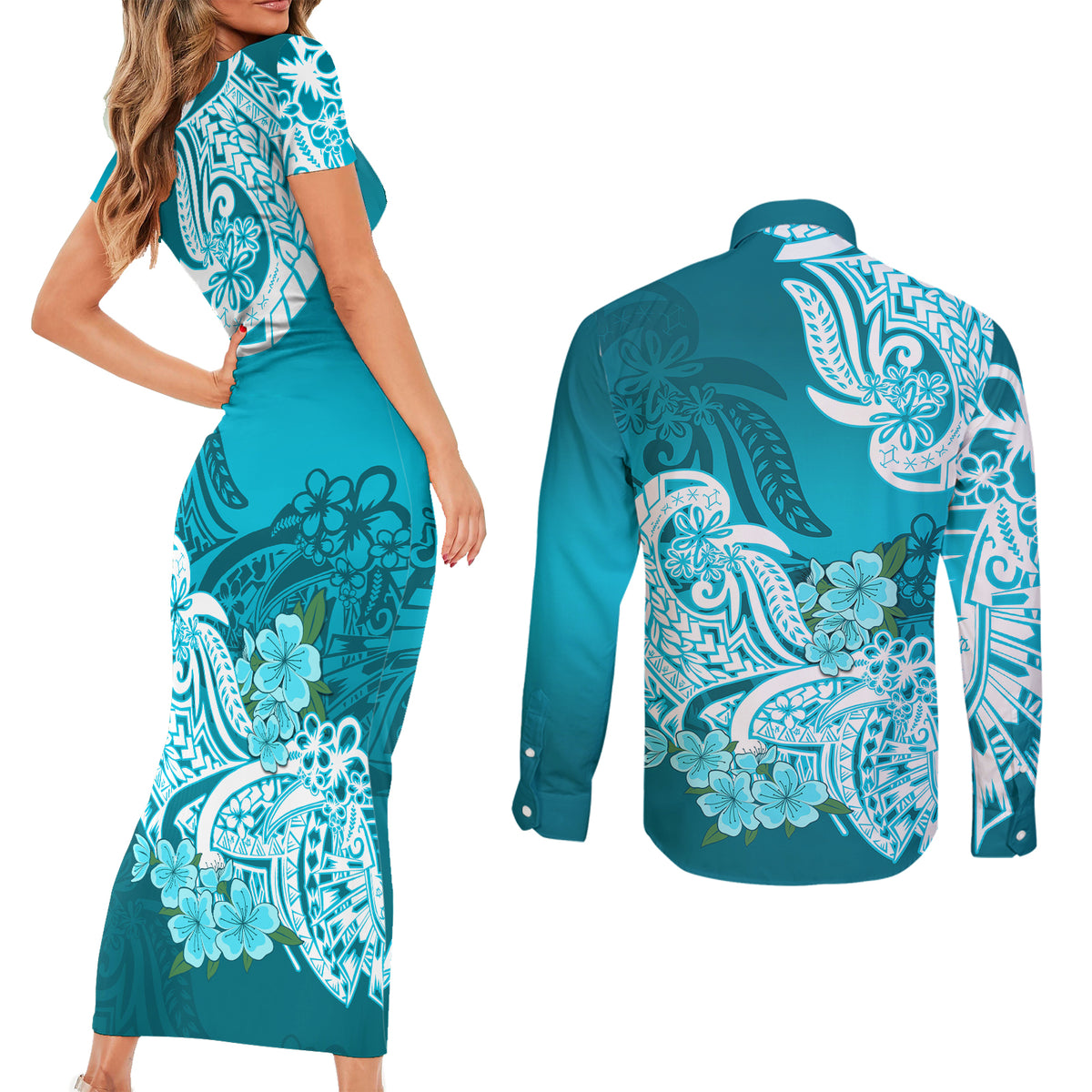 Polynesian Couples Matching Short Sleeve Bodycon Dress and Long Sleeve Button Shirts Pacific Flower Mix Floral Tribal Tattoo Aqua Vibe LT9 - Polynesian Pride