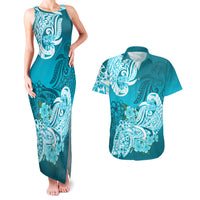 Polynesian Couples Matching Tank Maxi Dress And Hawaiian Shirt Pacific Flower Mix Floral Tribal Tattoo Aqua Vibe LT9 Aqua - Polynesian Pride