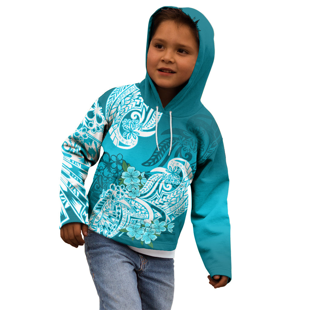 Polynesian Kid Hoodie Pacific Flower Mix Floral Tribal Tattoo Aqua Vibe LT9 - Polynesian Pride