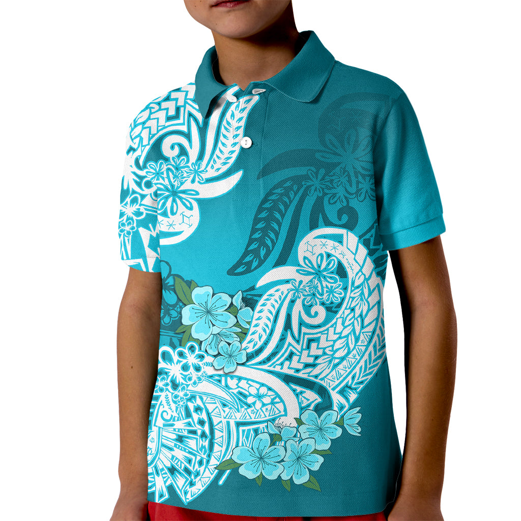 Polynesian Kid Polo Shirt Pacific Flower Mix Floral Tribal Tattoo Aqua Vibe LT9 Kid Aqua - Polynesian Pride