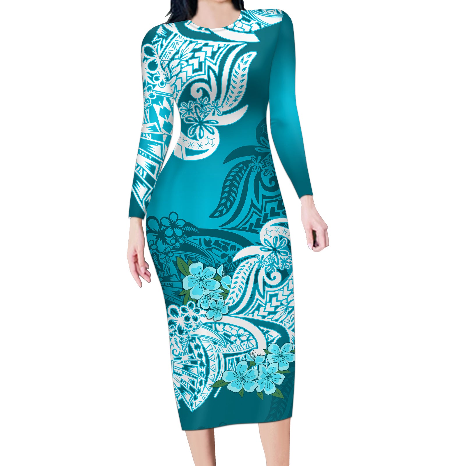 Polynesian Long Sleeve Bodycon Dress Pacific Flower Mix Floral Tribal Tattoo Aqua Vibe LT9 Long Dress Aqua - Polynesian Pride