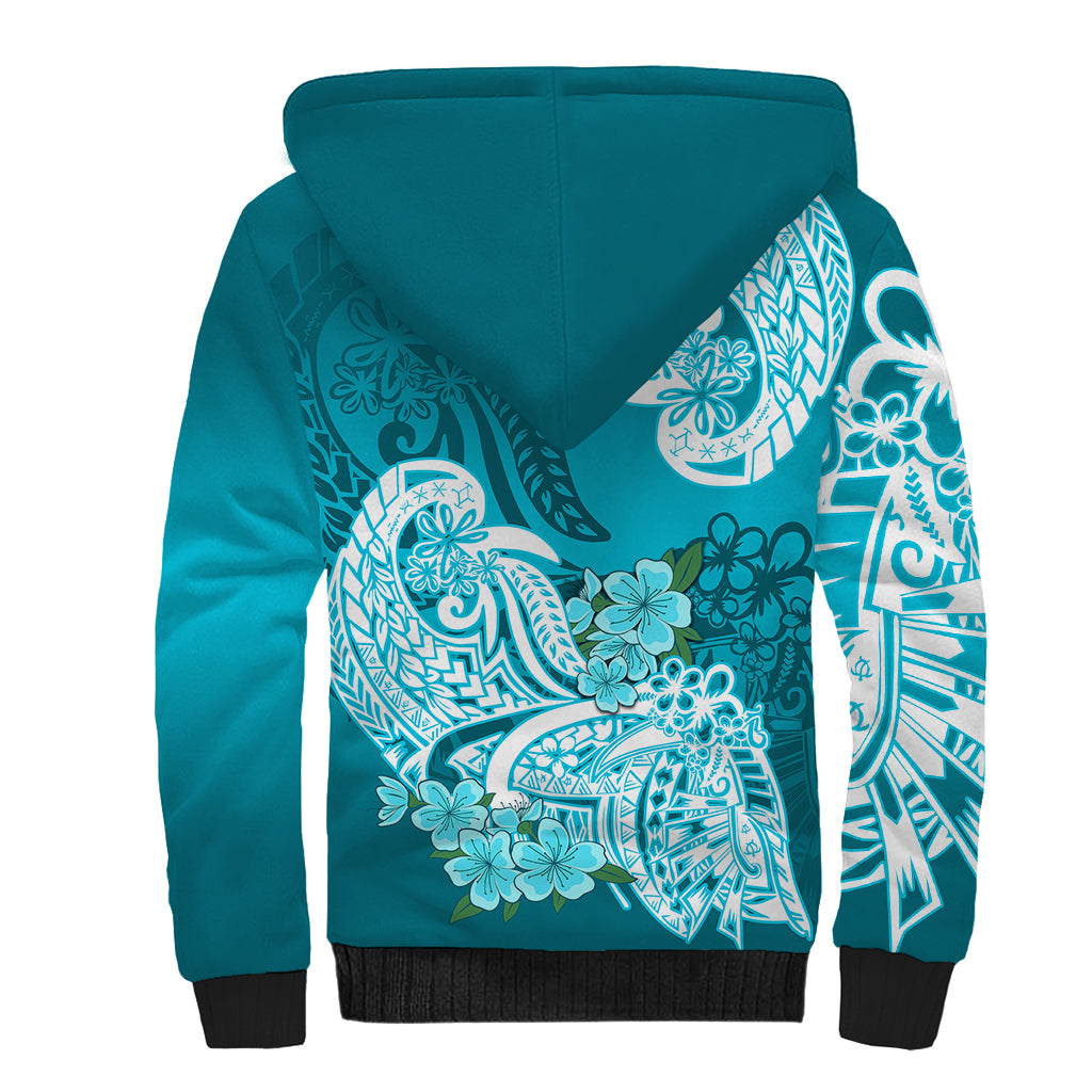 Polynesian Sherpa Hoodie Pacific Flower Mix Floral Tribal Tattoo Aqua Vibe LT9 - Polynesian Pride