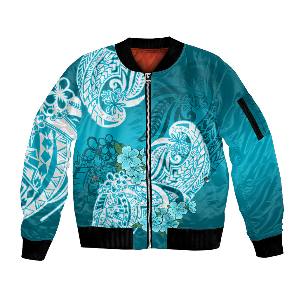 Polynesian Sleeve Zip Bomber Jacket Pacific Flower Mix Floral Tribal Tattoo Aqua Vibe LT9 Unisex Aqua - Polynesian Pride