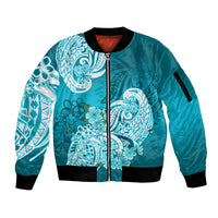 Polynesian Sleeve Zip Bomber Jacket Pacific Flower Mix Floral Tribal Tattoo Aqua Vibe LT9 Unisex Aqua - Polynesian Pride