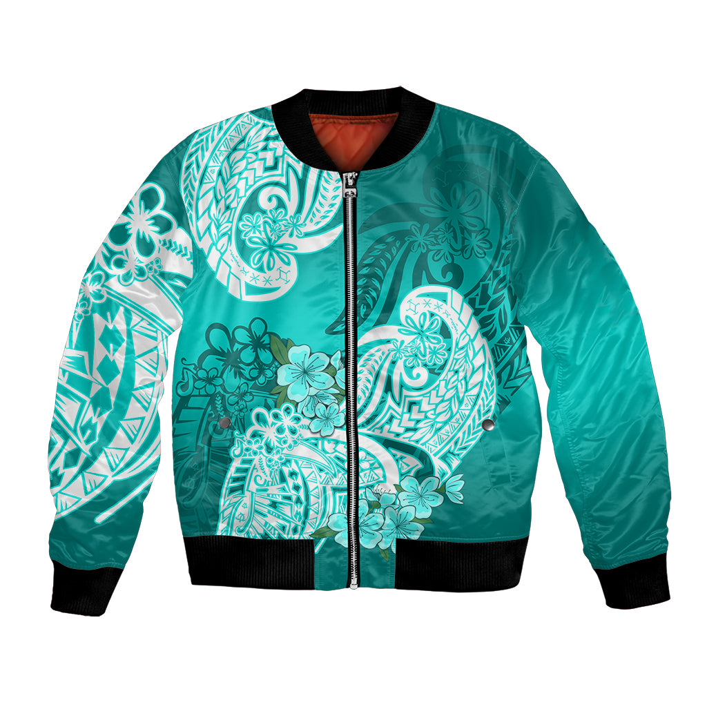 Polynesian Bomber Jacket Pacific Flower Mix Floral Tribal Tattoo Turquoise Vibe LT9 Unisex Turquoise - Polynesian Pride