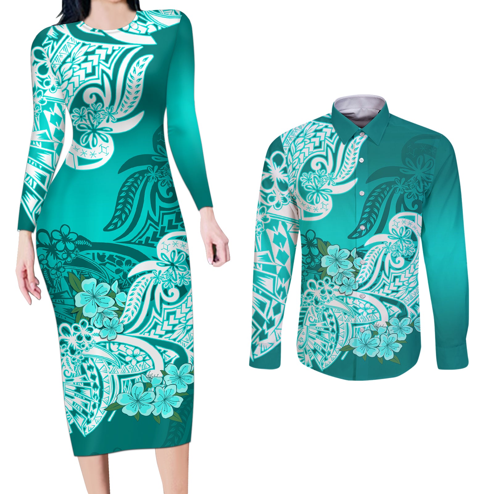 Polynesian Couples Matching Long Sleeve Bodycon Dress and Long Sleeve Button Shirts Pacific Flower Mix Floral Tribal Tattoo Turquoise Vibe LT9 Turquoise - Polynesian Pride