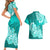 Polynesian Couples Matching Short Sleeve Bodycon Dress and Hawaiian Shirt Pacific Flower Mix Floral Tribal Tattoo Turquoise Vibe LT9 - Polynesian Pride