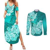 Polynesian Couples Matching Summer Maxi Dress and Long Sleeve Button Shirts Pacific Flower Mix Floral Tribal Tattoo Turquoise Vibe LT9 Turquoise - Polynesian Pride