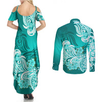Polynesian Couples Matching Summer Maxi Dress and Long Sleeve Button Shirts Pacific Flower Mix Floral Tribal Tattoo Turquoise Vibe LT9 - Polynesian Pride