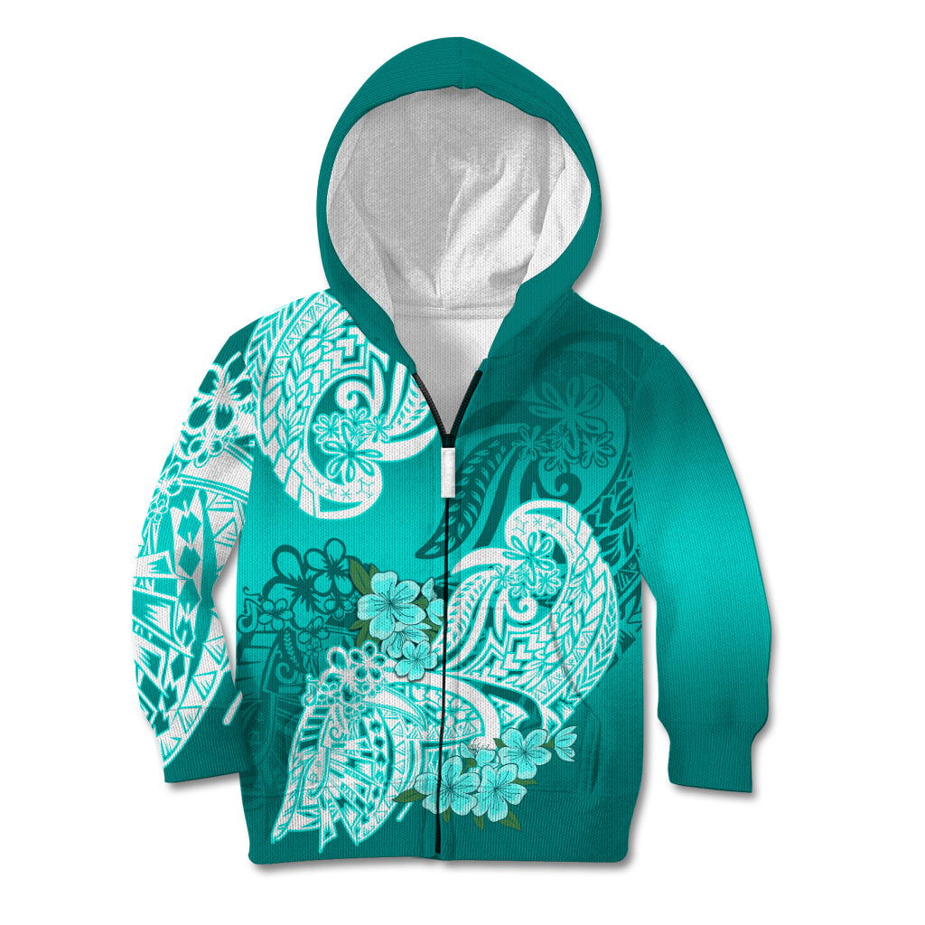 Polynesian Kid Hoodie Pacific Flower Mix Floral Tribal Tattoo Turquoise Vibe LT9 Zip Hoodie Turquoise - Polynesian Pride