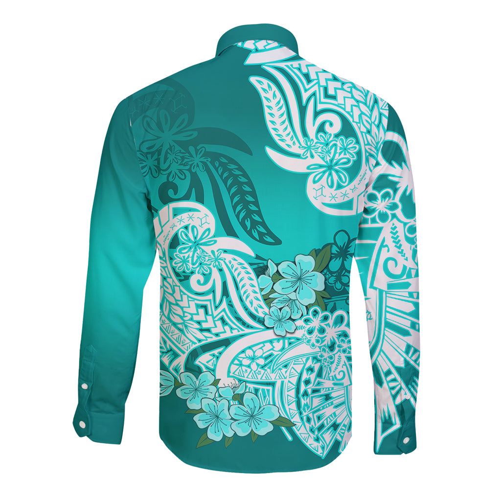 Polynesian Long Sleeve Button Shirt Pacific Flower Mix Floral Tribal Tattoo Turquoise Vibe LT9 - Polynesian Pride
