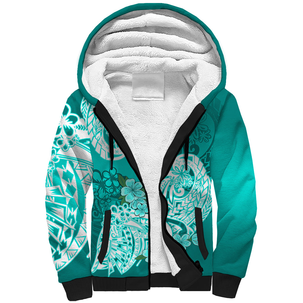 Polynesian Sherpa Hoodie Pacific Flower Mix Floral Tribal Tattoo Turquoise Vibe LT9 Unisex Turquoise - Polynesian Pride