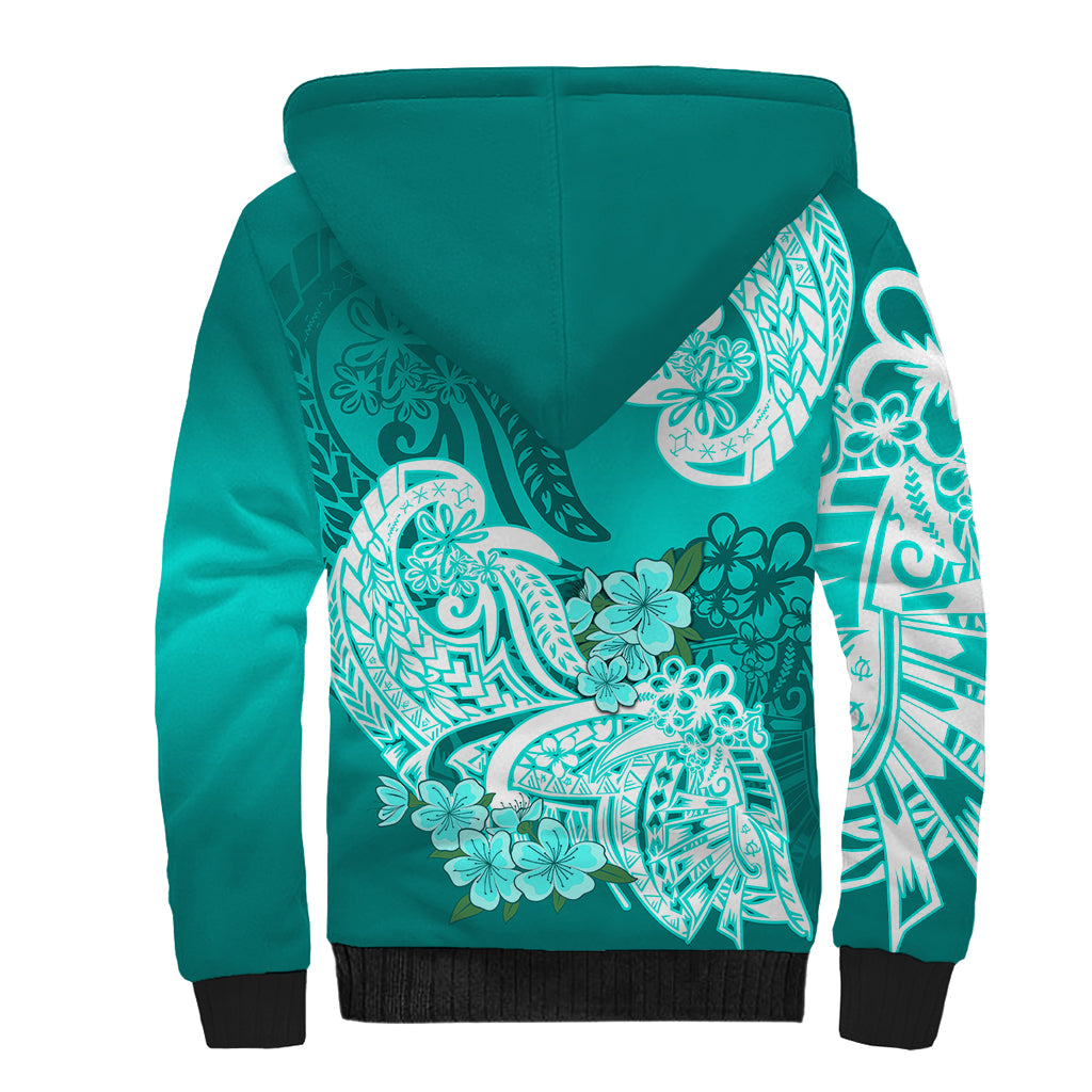 Polynesian Sherpa Hoodie Pacific Flower Mix Floral Tribal Tattoo Turquoise Vibe LT9 - Polynesian Pride