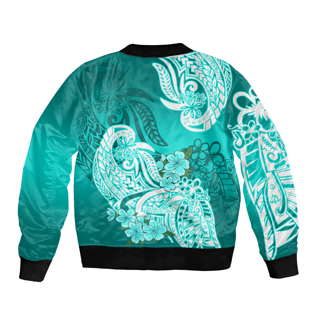 Polynesian Sleeve Zip Bomber Jacket Pacific Flower Mix Floral Tribal Tattoo Turquoise Vibe LT9 - Polynesian Pride
