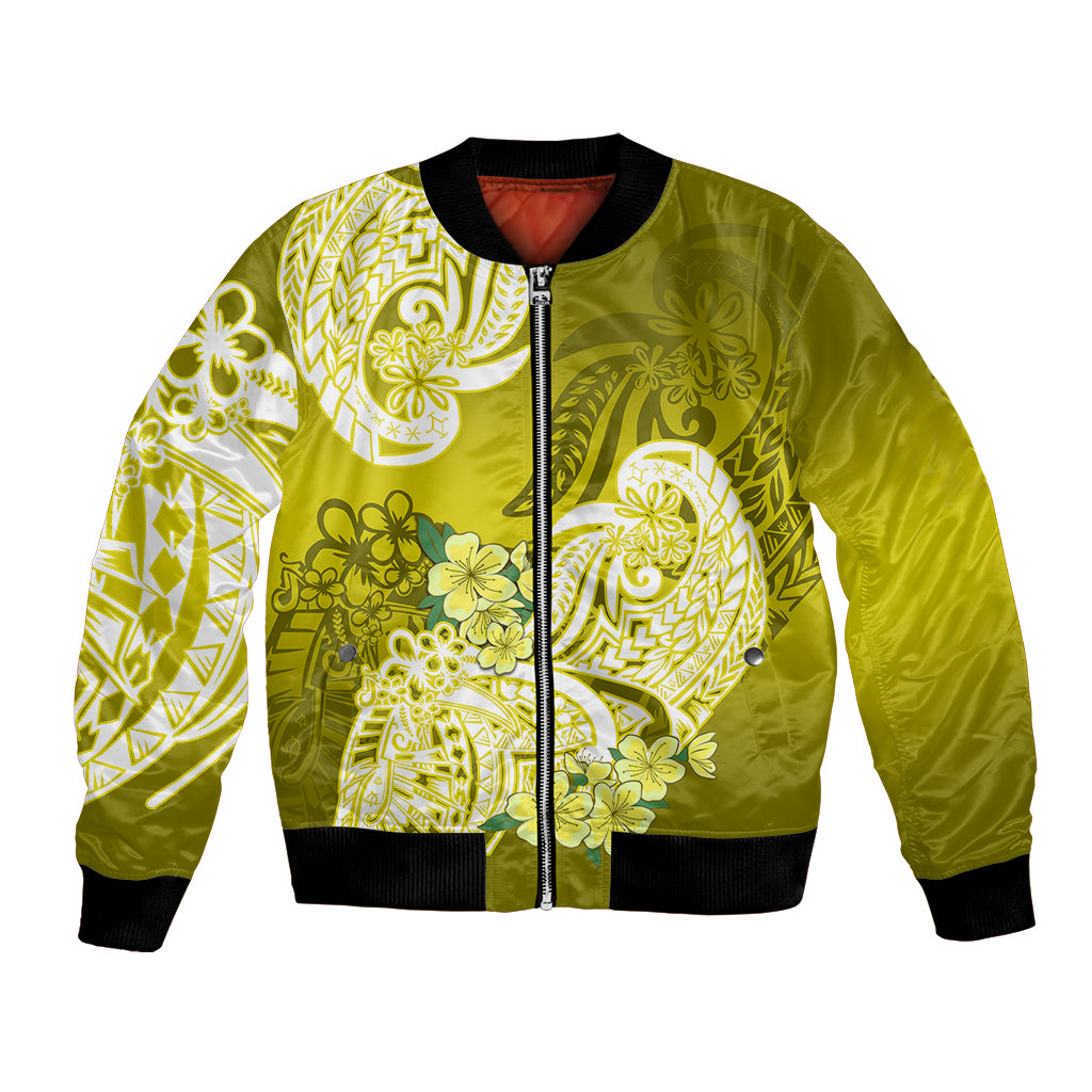 Polynesian Bomber Jacket Pacific Flower Mix Floral Tribal Tattoo Yellow Vibe LT9 Unisex Yellow - Polynesian Pride