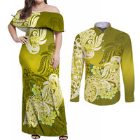 Polynesian Couples Matching Off Shoulder Maxi Dress and Long Sleeve Button Shirts Pacific Flower Mix Floral Tribal Tattoo Yellow Vibe LT9 Yellow - Polynesian Pride