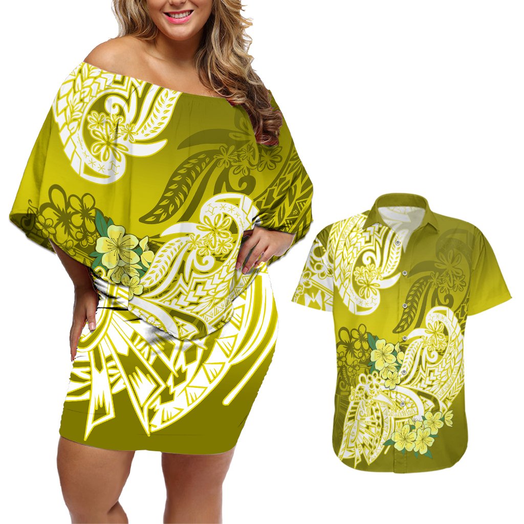 Polynesian Couples Matching Off Shoulder Short Dress and Hawaiian Shirt Pacific Flower Mix Floral Tribal Tattoo Yellow Vibe LT9 Yellow - Polynesian Pride