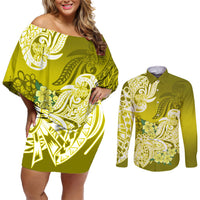 Polynesian Couples Matching Off Shoulder Short Dress and Long Sleeve Button Shirts Pacific Flower Mix Floral Tribal Tattoo Yellow Vibe LT9 Yellow - Polynesian Pride