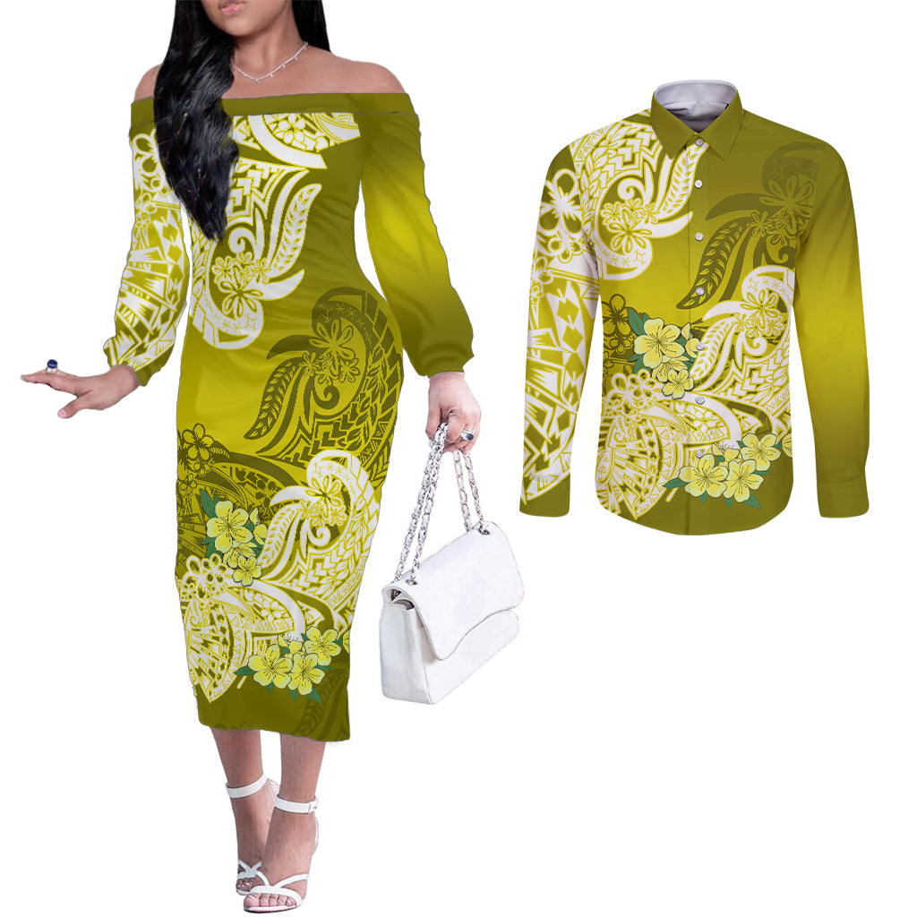 Polynesian Couples Matching Off The Shoulder Long Sleeve Dress and Long Sleeve Button Shirts Pacific Flower Mix Floral Tribal Tattoo Yellow Vibe LT9 Yellow - Polynesian Pride