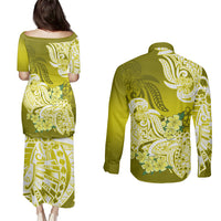 Polynesian Couples Matching Puletasi Dress and Long Sleeve Button Shirts Pacific Flower Mix Floral Tribal Tattoo Yellow Vibe LT9 - Polynesian Pride