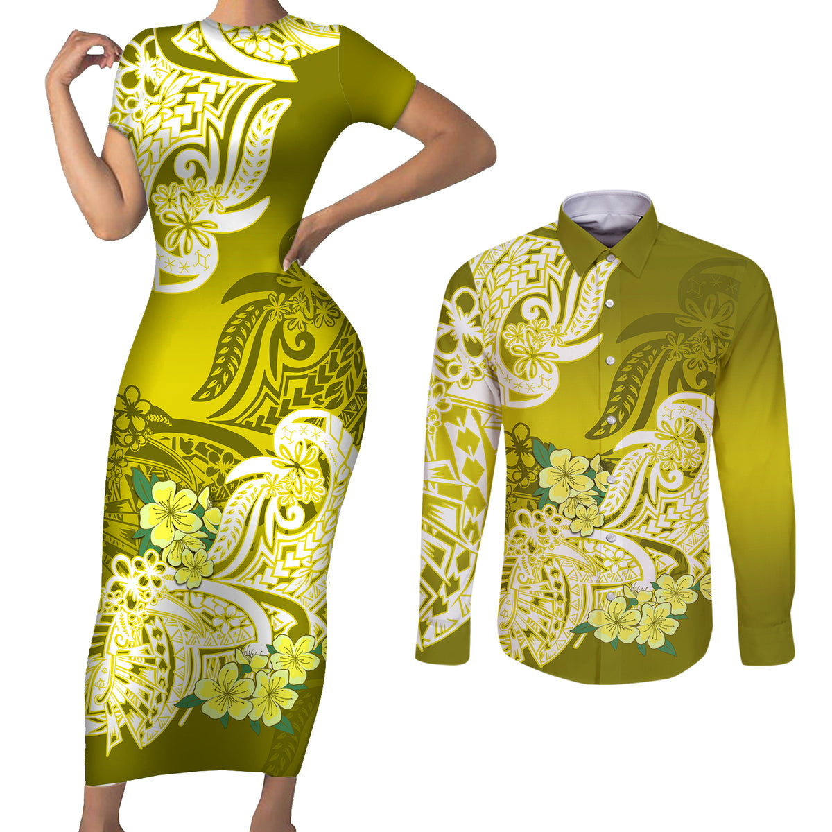 Polynesian Couples Matching Short Sleeve Bodycon Dress and Long Sleeve Button Shirts Pacific Flower Mix Floral Tribal Tattoo Yellow Vibe LT9 Yellow - Polynesian Pride